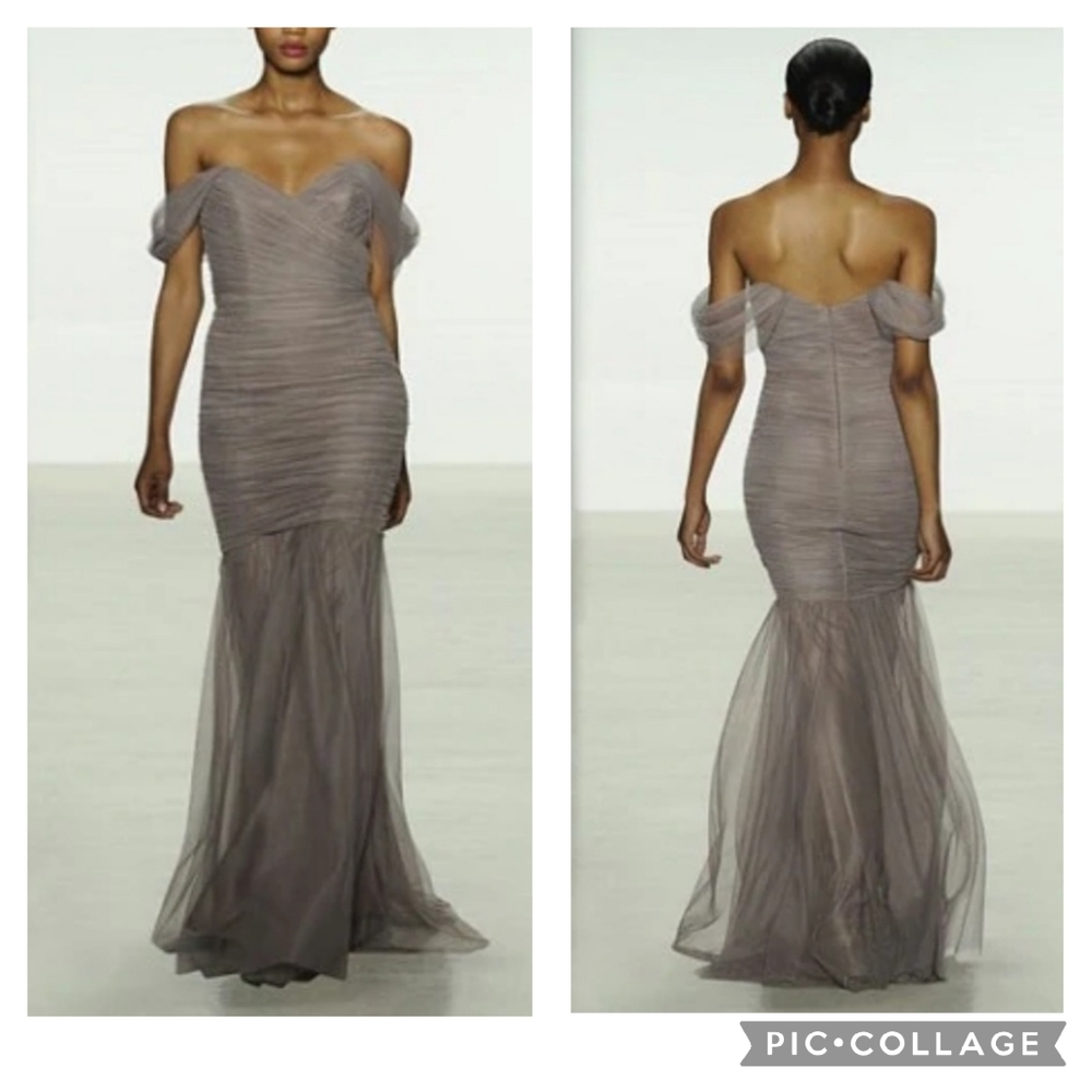 Amsale Off-the-shoulder Tulle Mermaid Maxi Dress Size 6 Slate Gray